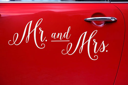 Sticker Aufkleber für Hochzeitsauto Mr. & Mrs. weiß Hochzeitsdeko Brautpaar