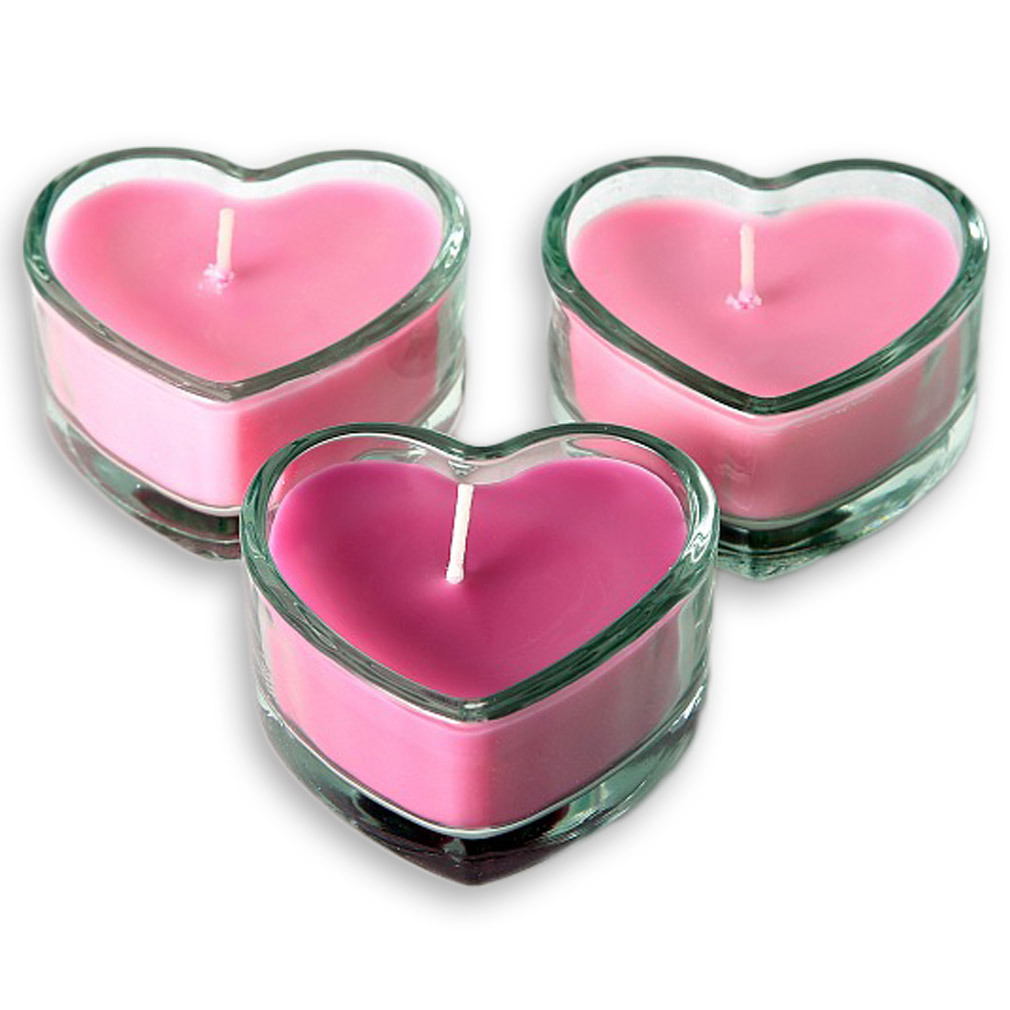 3er Set Herz-Kerzen pink Glas Tischdeko Valentinstag Hochzeit